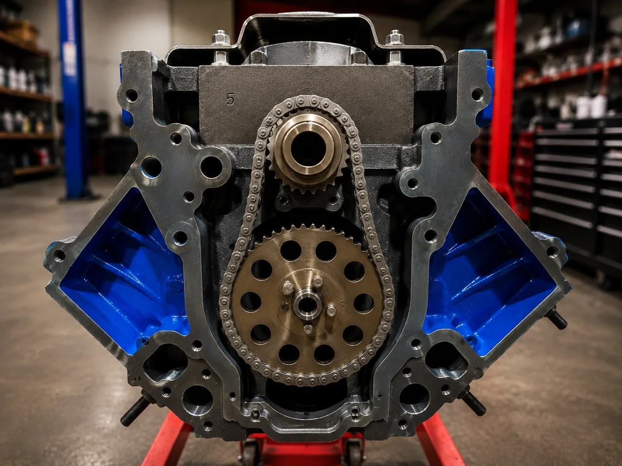 Close-up of the timing chain and gears on the front of an engine