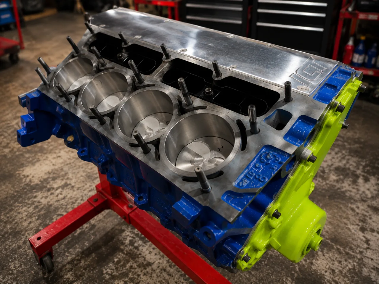 Painted short block with bored cylinders and new pistons fitted